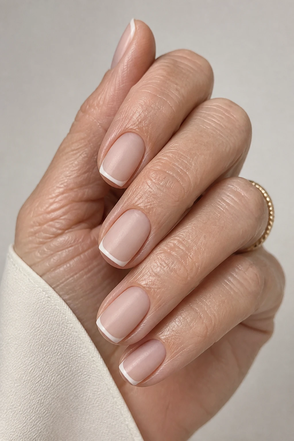 Satin-matte French with thin ivory tips on short neutral nails for a minimalist woman in her 50s.