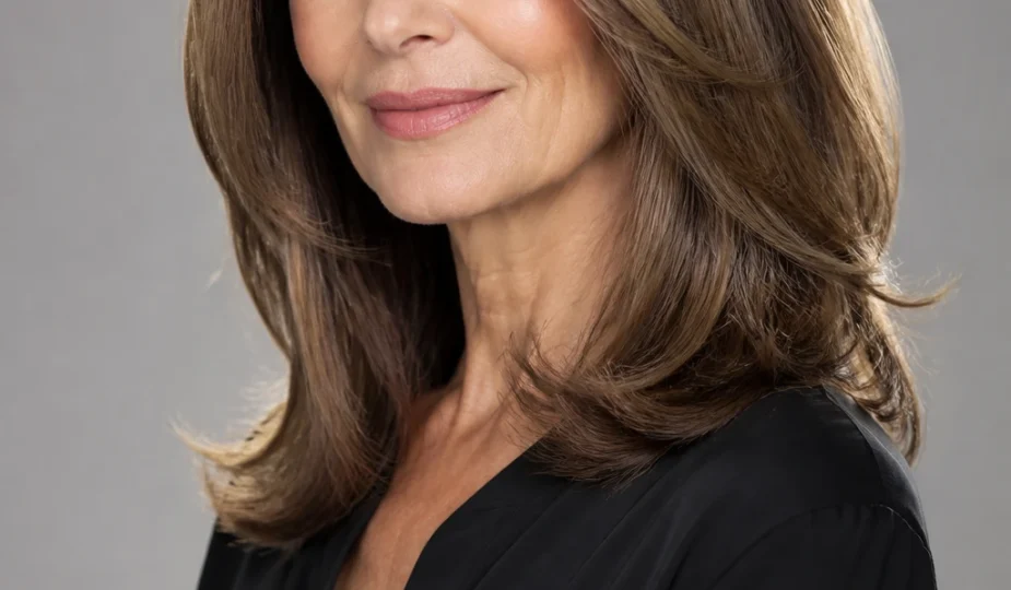 An elegant 55-year-old shows a sculpted shoulder-length cut for thick hair with slide-cut layers and a strong, soft U-shaped hem.