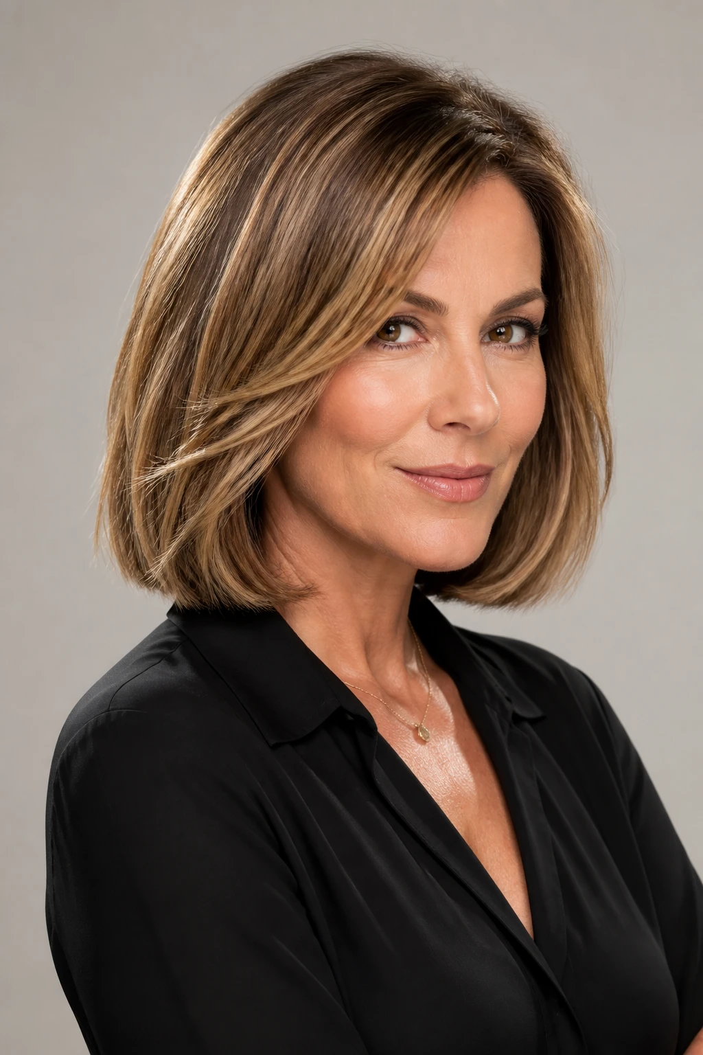 A late-40s woman wears a shoulder-skimming bob with micro-shattered blunt ends and ribbon highlights.