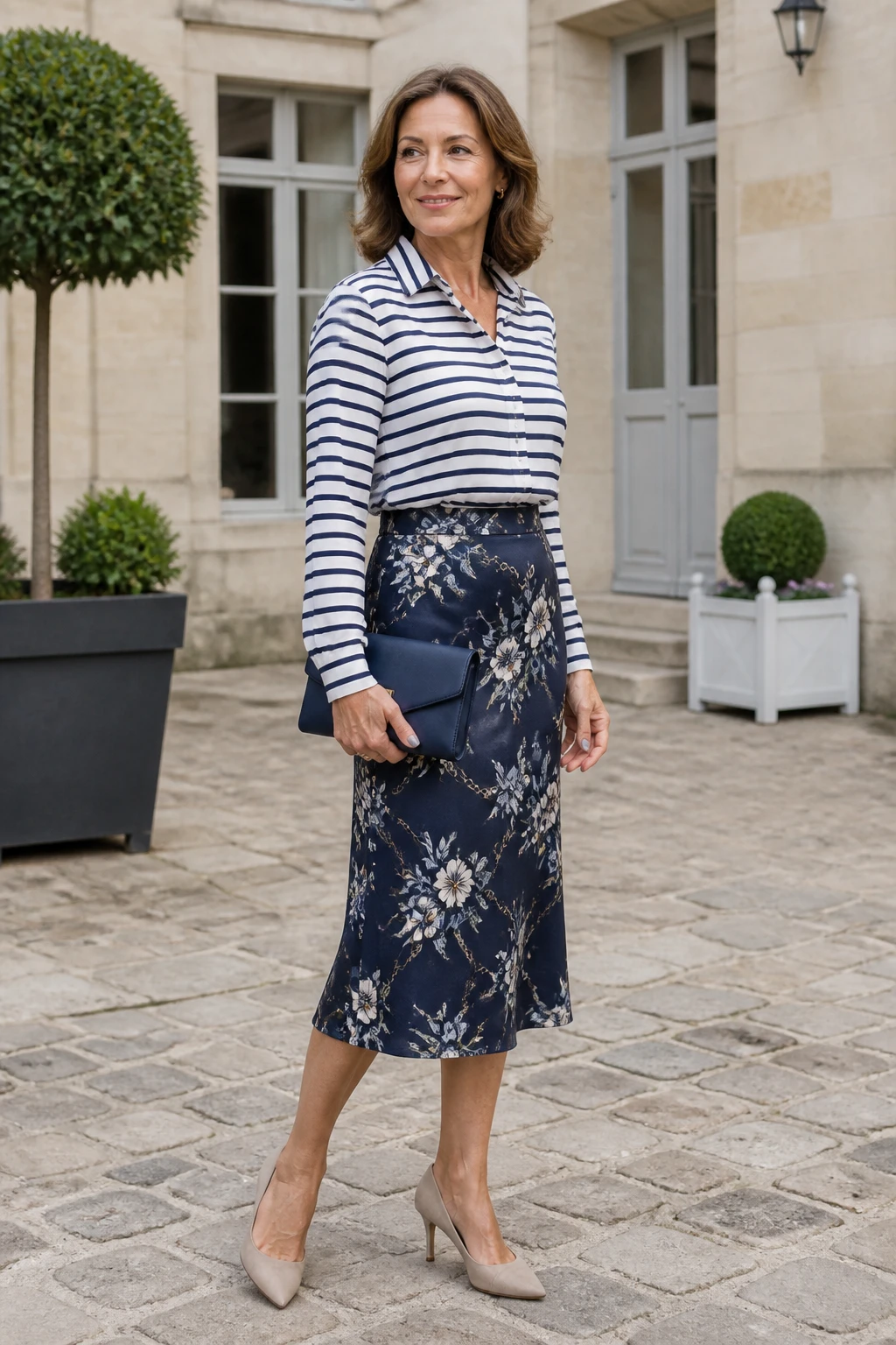 A chic woman in her early 50s mixes a Breton-stripe silk blouse with a coordinating floral midi skirt, neutral pumps, and a solid clutch for a wedding courtyard arrival.