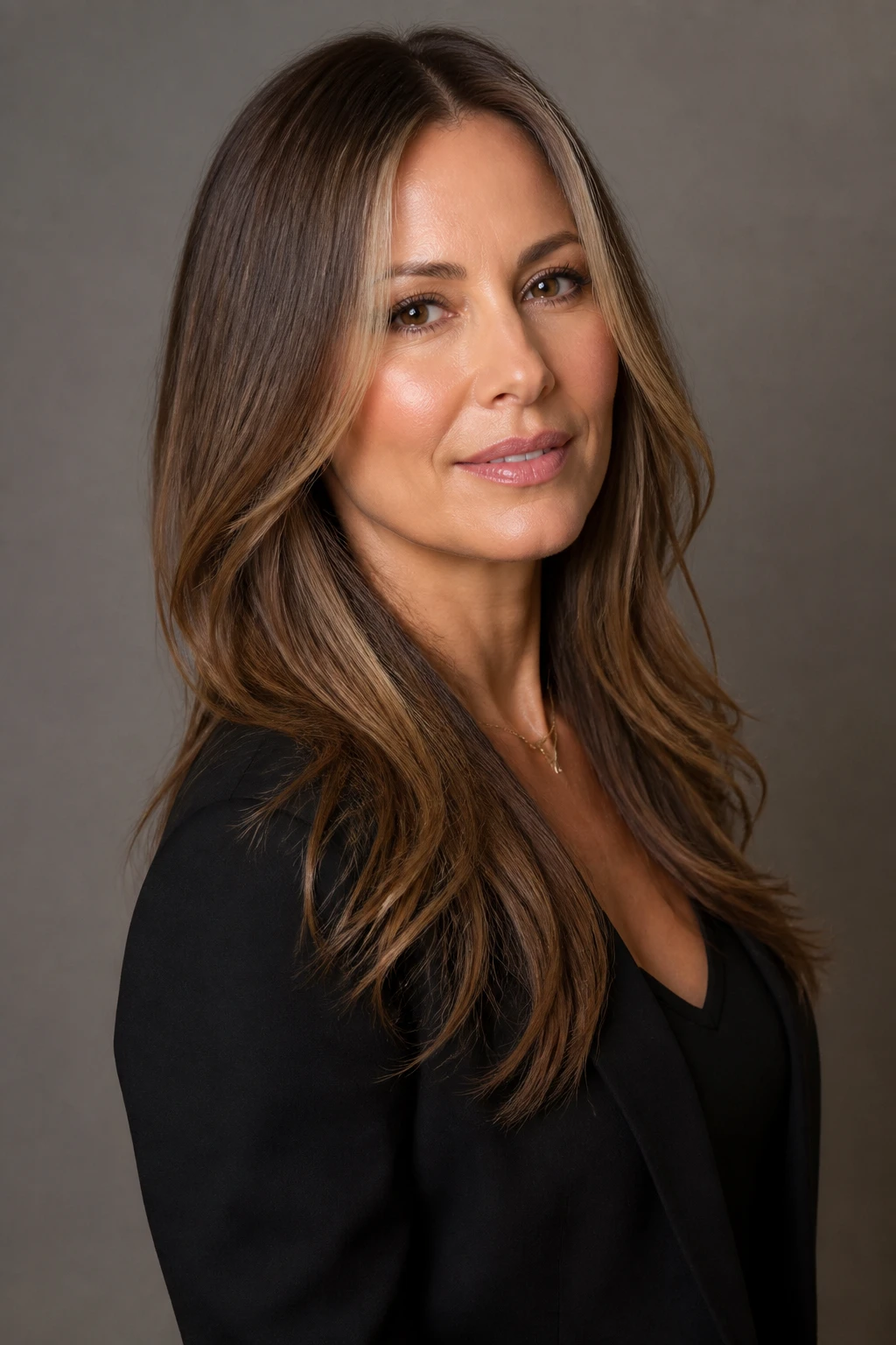 Long hair with a subtle money-piece and tapered ends for soft movement on a stylish woman in her mid-40s.
