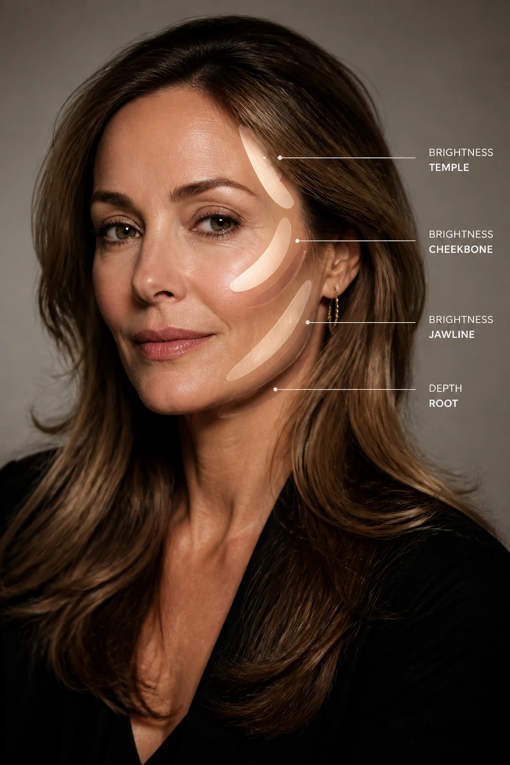 An elegant 45-year-old features tailored face-contouring highlights with a gradient ribbon above the cheekbone.