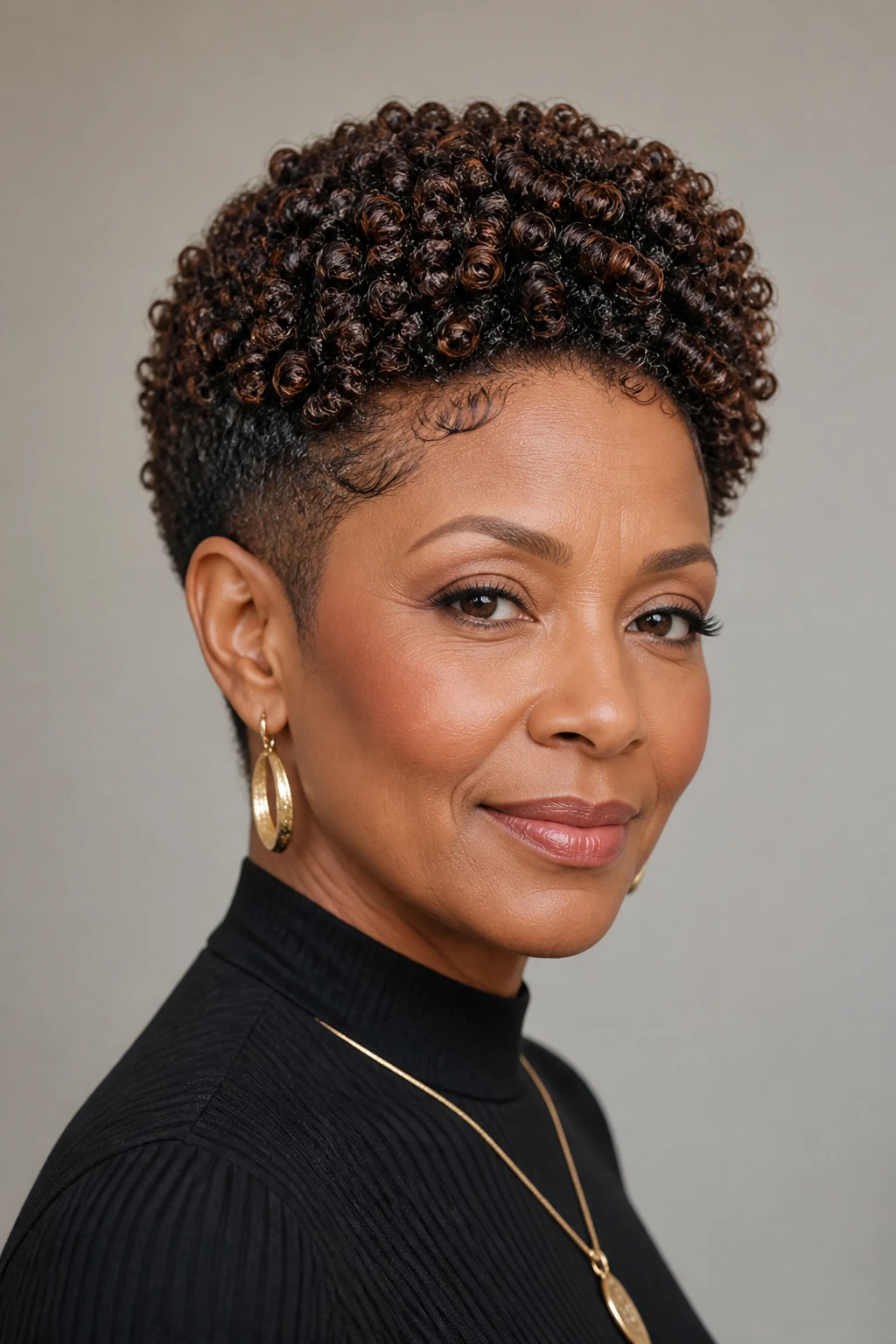 An elegant 58-year-old woman with a tapered coily cut and elongated top that clears her glasses, defined and softly glossy.