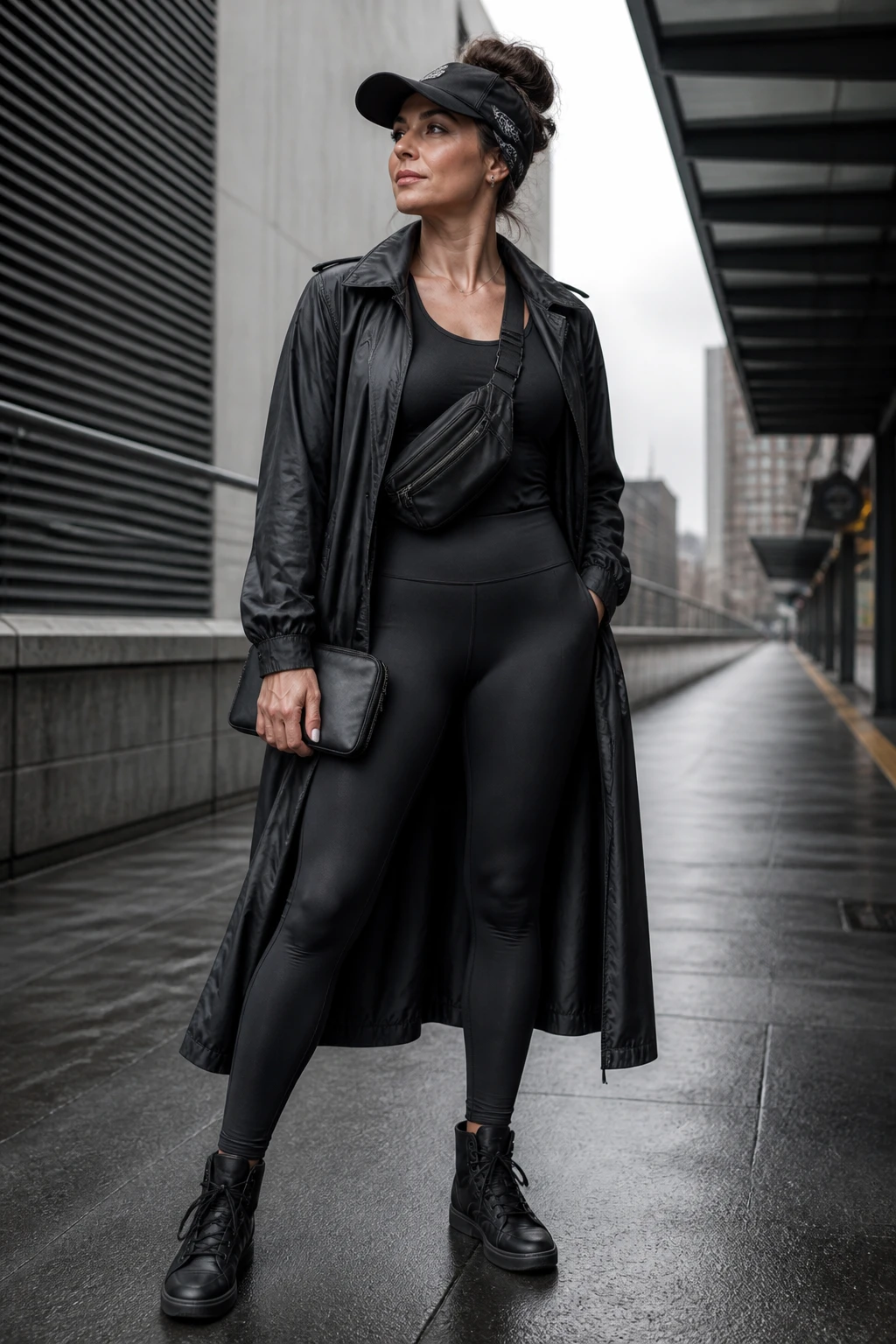 A confident mid-40s woman wears a matte tech duster, opaque performance leggings, and polished tonal high-tops with a slim belt bag on an urban platform.