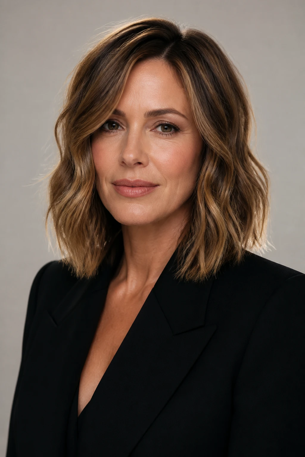 A textured lob with loose polished waves and an off-center part on a woman in her mid-40s.