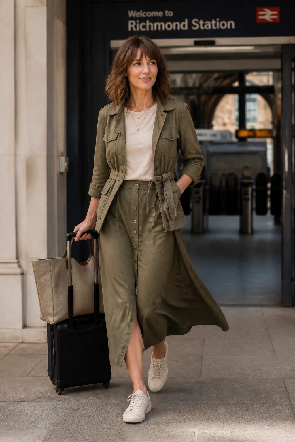 An elegant 46-year-old woman wears an olive button-through midi skirt, ecru fine tee, cinched utility jacket, and low-profile leather sneakers while traveling.