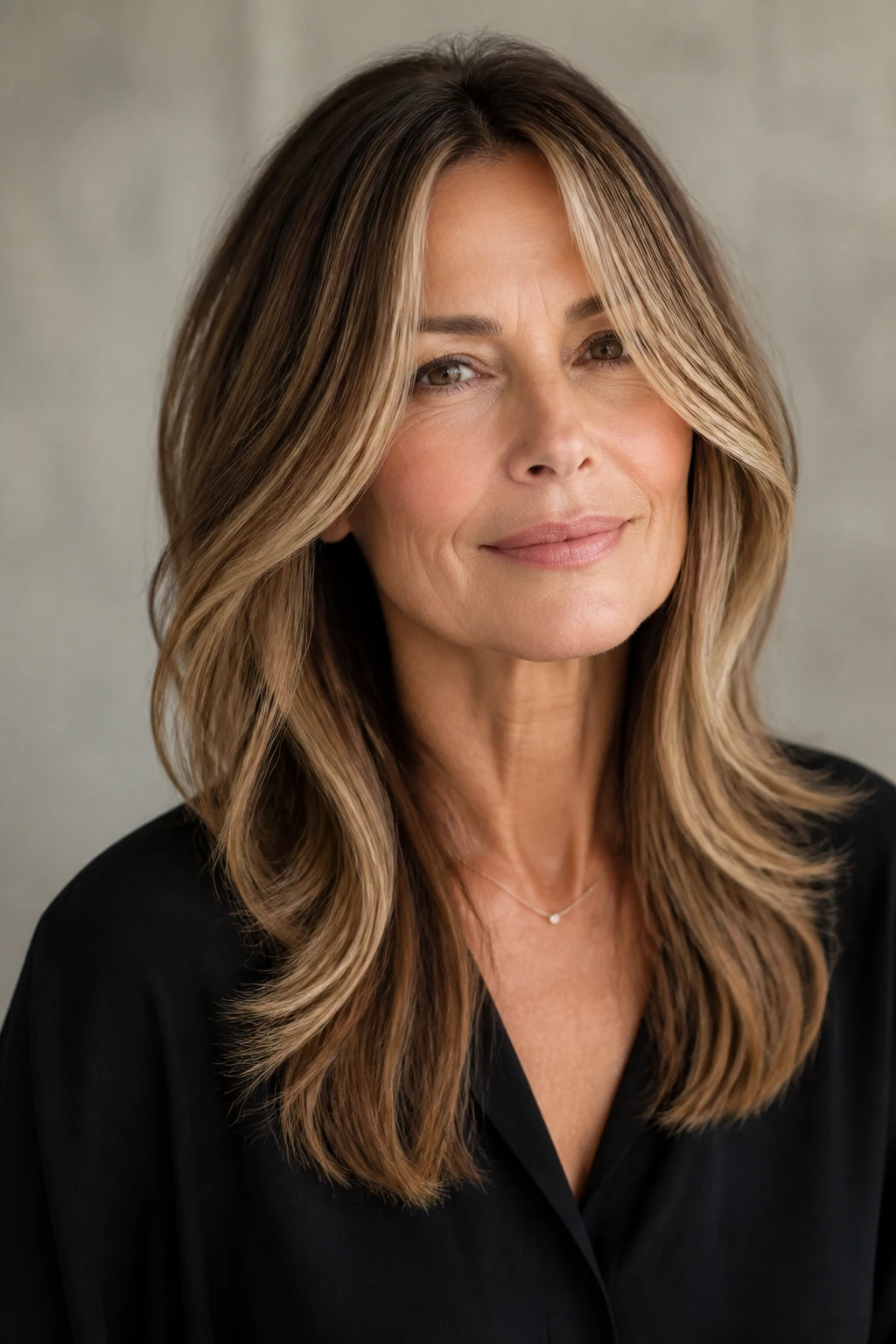 A stylish 56-year-old wears a collarbone cut with soft vertical waves and elongated face-framing that flatters round or square faces.