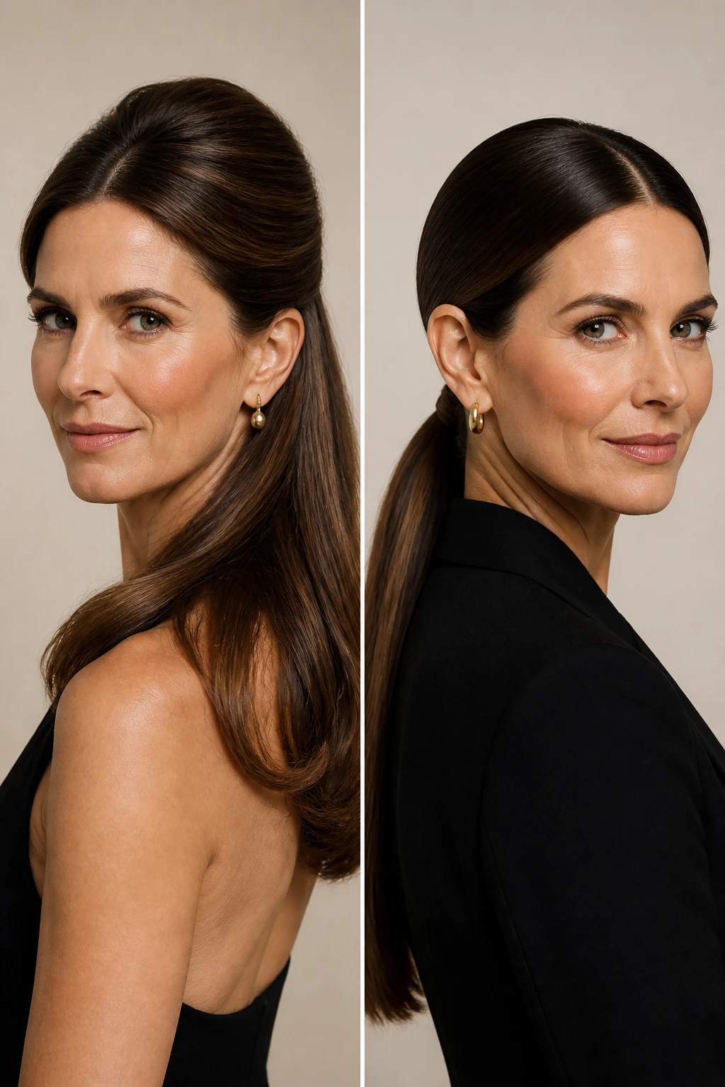 A refined half-up with subtle crown lift on long hair, suited to a stylish woman in her late 40s.
