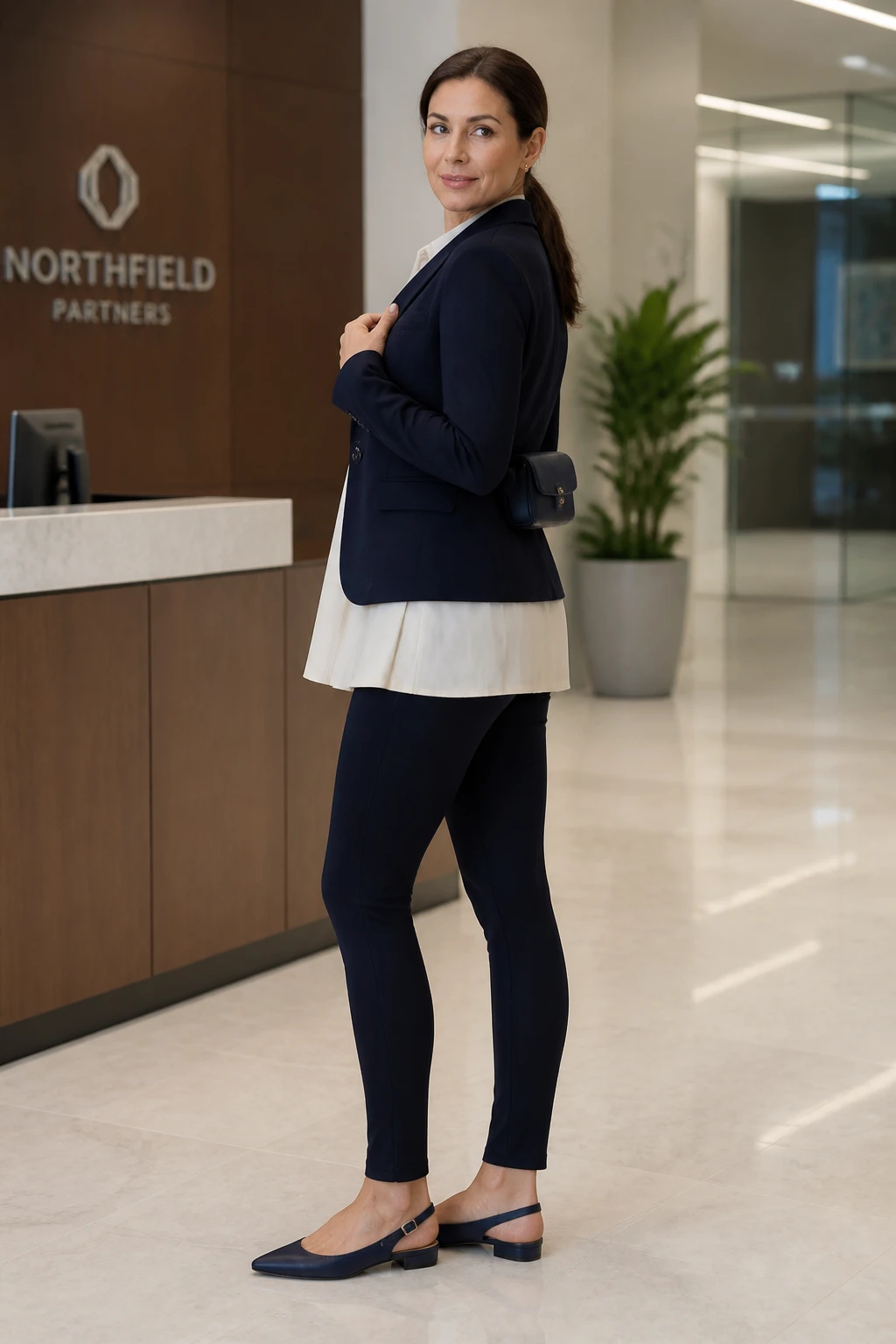 An elegant mid-40s woman wears a structured jersey blazer over a cream pleat-front tunic with thick navy ponte leggings and slingback flats.