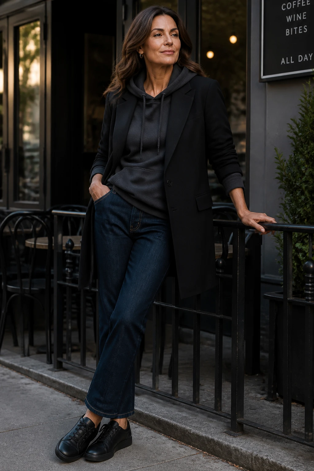 A confident late-40s woman layers a thin charcoal hoodie under a black blazer with dark straight denim and leather sneakers for an off-duty polished look.