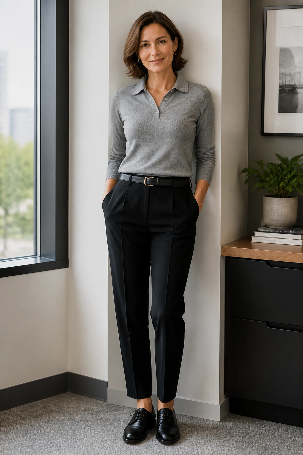 A stylish 44-year-old woman wears a heather gray fine-knit polo with black single-pleat trousers and sleek derby flats.