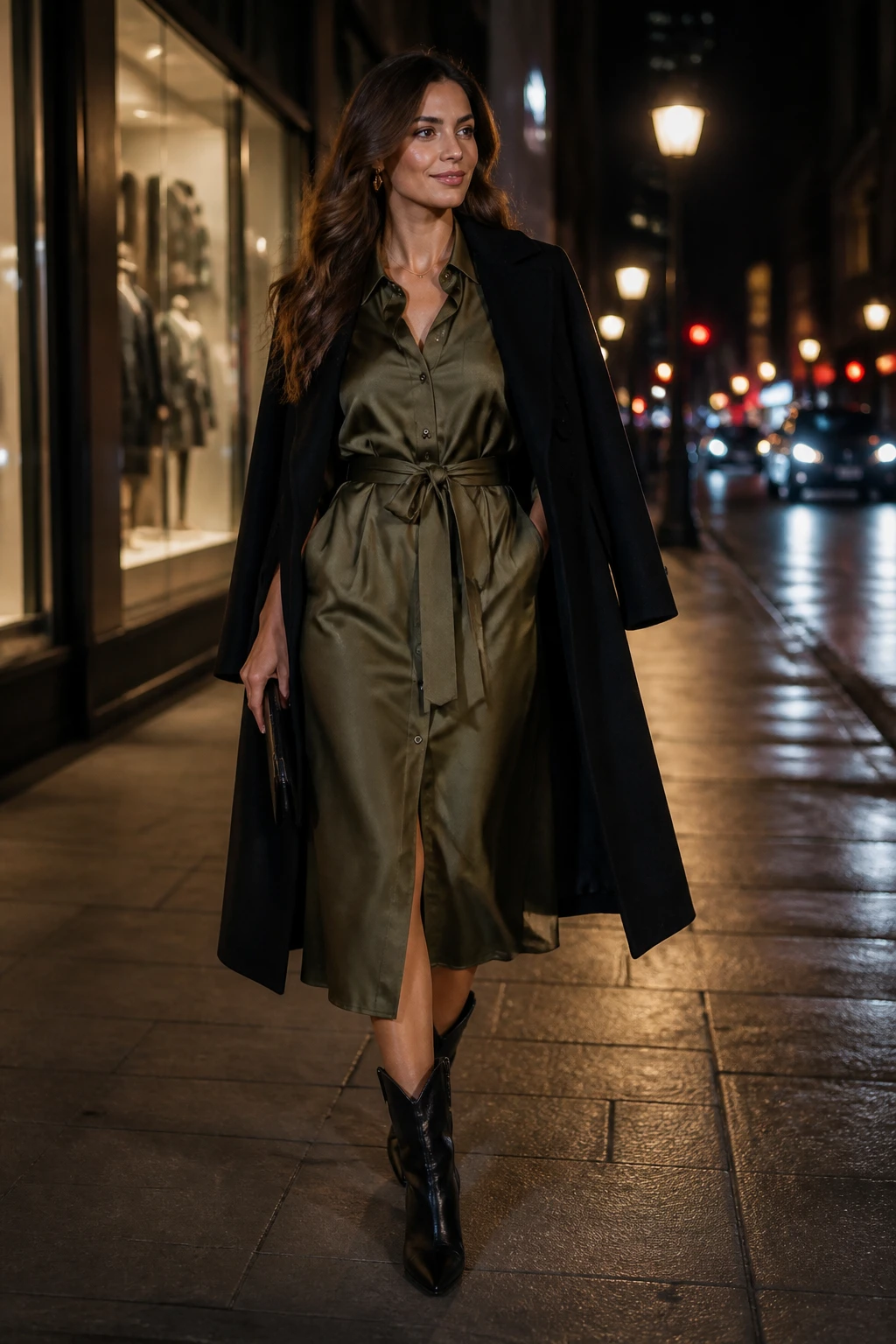 A mid-30s woman wears a deep olive satin shirt dress with a self-belt and sleek Western-inspired boots, coat draped with belt tied over it.