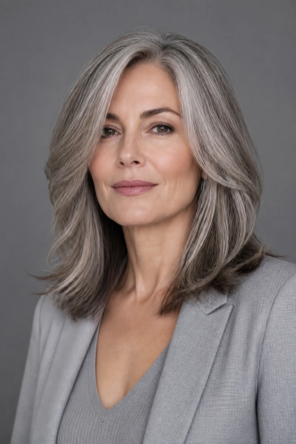 Silver blend with lived-in layers just past the shoulders on a stylish woman in her late 40s.