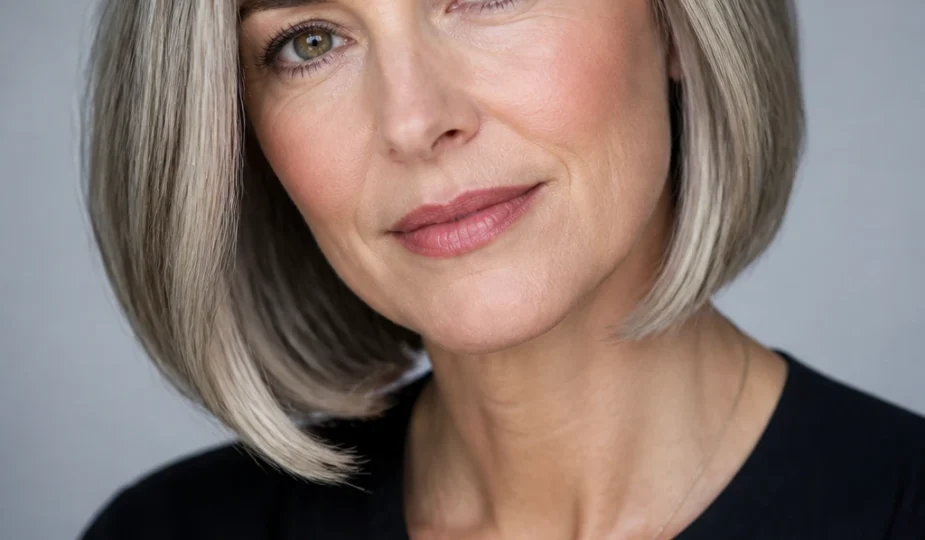 A sophisticated woman in her late 40s wears a silver-blended bob with a beveled perimeter and brightened face-framing pieces.