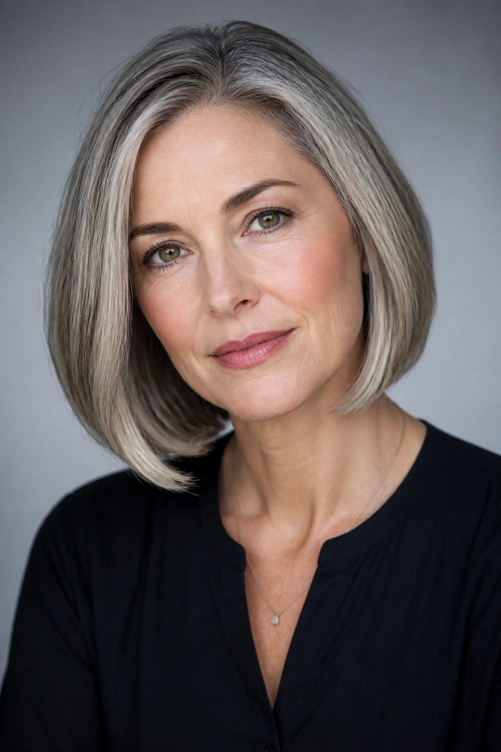 A sophisticated woman in her late 40s wears a silver-blended bob with a beveled perimeter and brightened face-framing pieces.