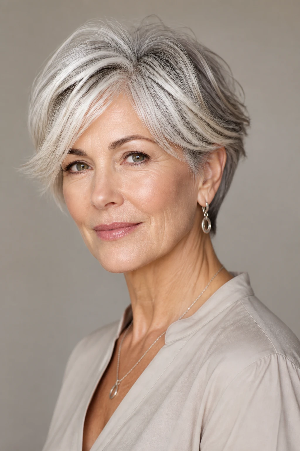 An elegant woman in her late 50s wears a silver-forward short cut with tapered edges and dimensional blending.