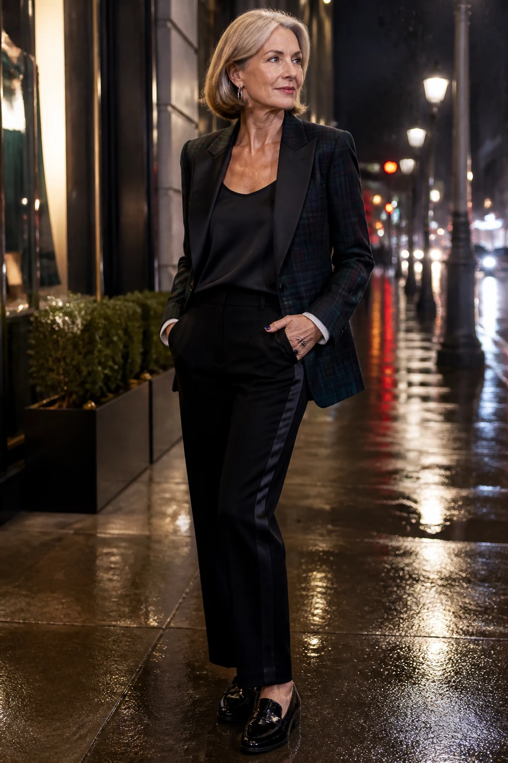 A chic woman in her mid-50s wears a tartan dinner jacket with tux-stripe trousers, satin tank, and patent loafers for a menswear-inspired look.