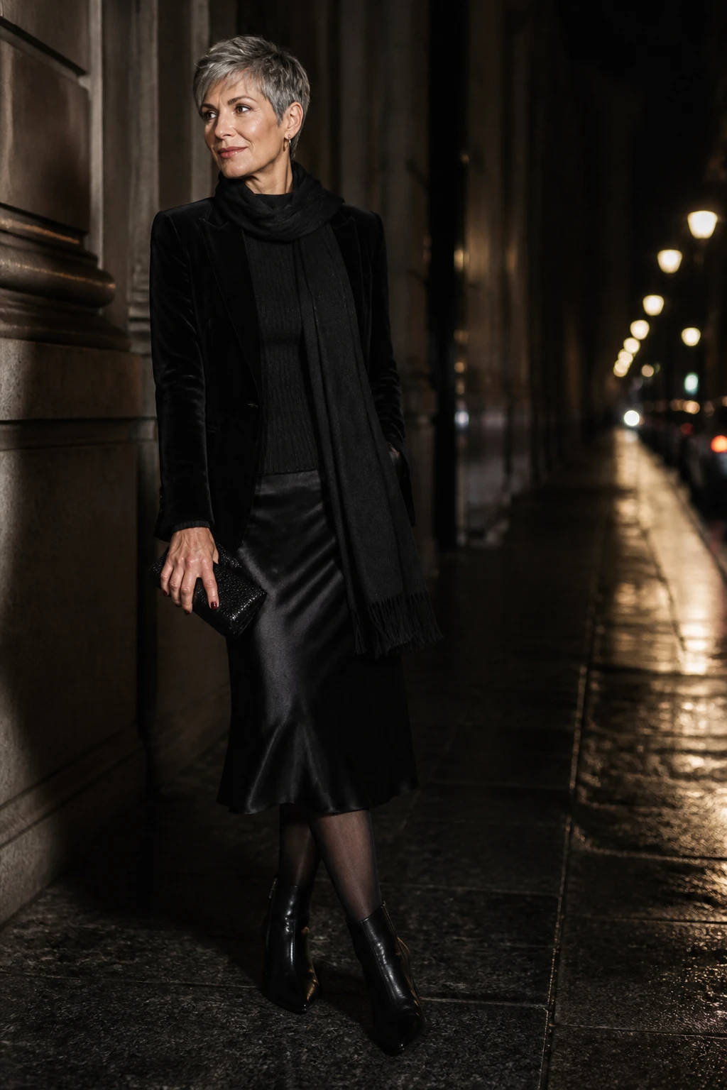 A chic mid-50s woman wears a velvet blazer with a ribbed knit and satin midi, sheer tights, angular ankle boots, a long scarf, and a compact clutch.