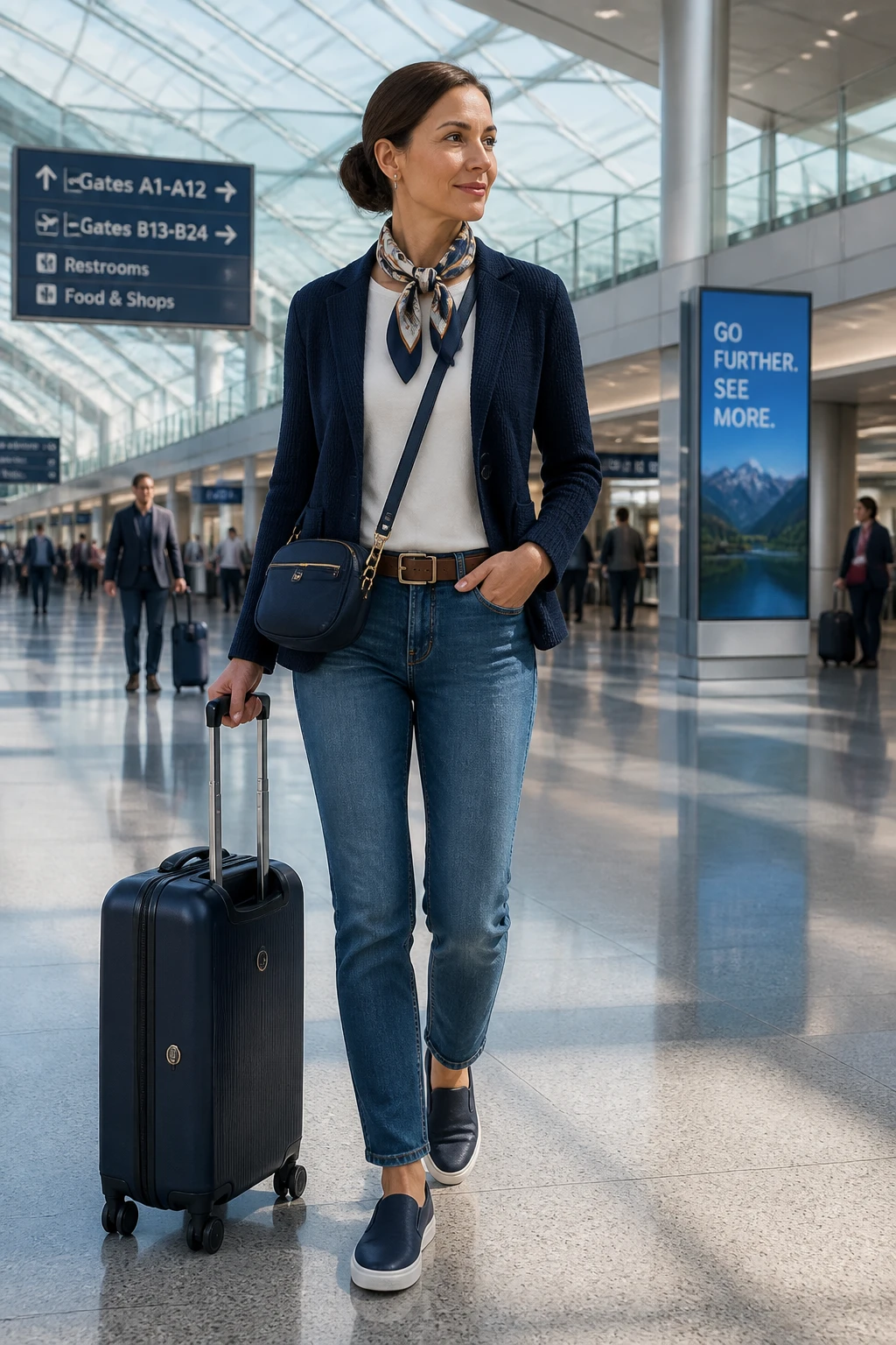 A polished mid-40s woman travels in stretch jeans, a knit blazer, a silk scarf, and slip-on leather sneakers with a nylon crossbody.