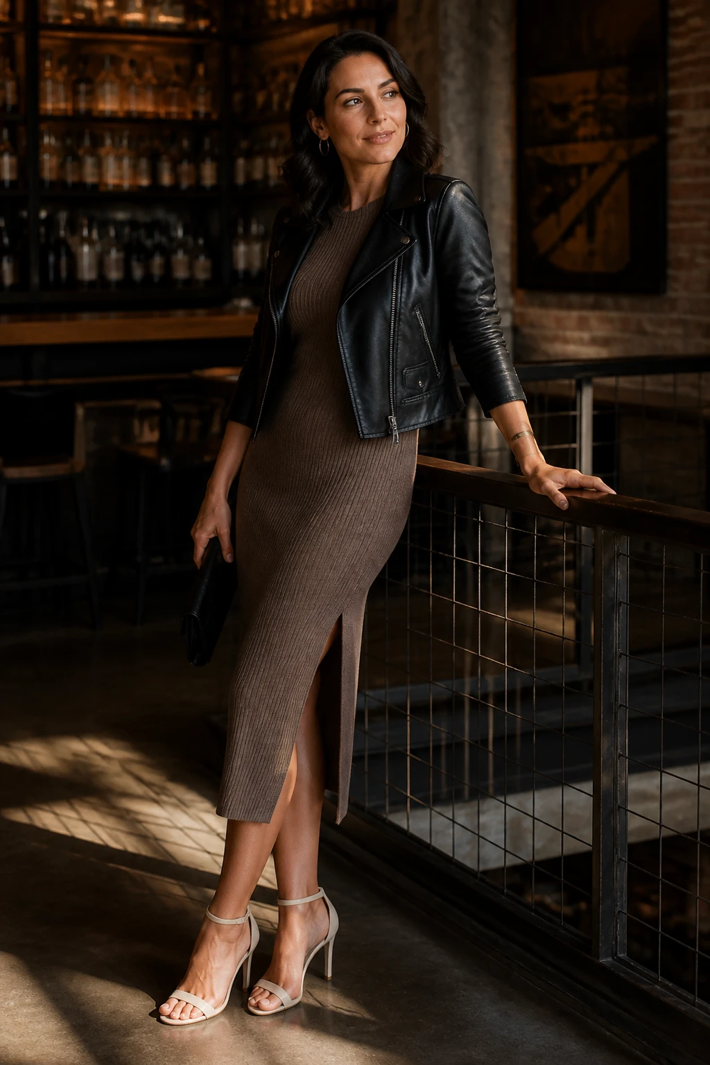 A stylish 35-year-old woman wears a rib-knit midi dress with a moto jacket and minimalist heels, accessorized with small hoops and a slim cuff.