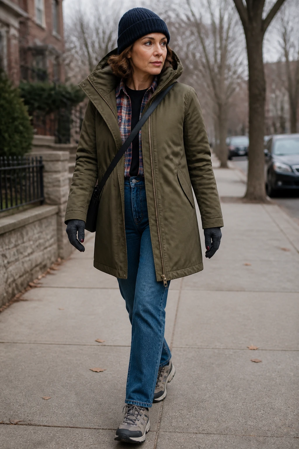 A practical mid-50s woman wears a mid-thigh parka over layers with straight jeans, trail sneakers, tech gloves, a ribbed beanie, and a high crossbody for errands.