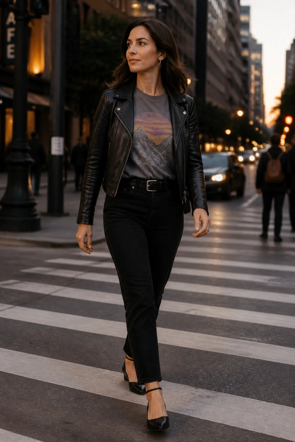 A confident mid-30s woman wears a muted graphic tee under a trim leather moto with black jeans and ankle-strap flats.