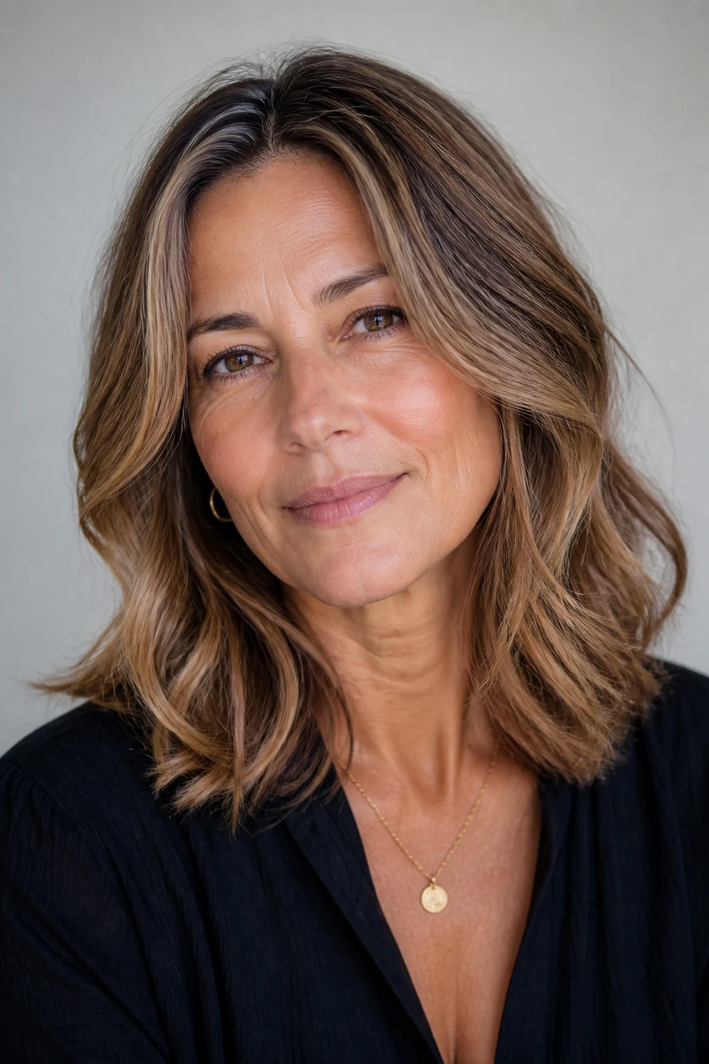 A chic 55-year-old wears a mid-length cut with long loose layers and low-maintenance lived-in balayage.