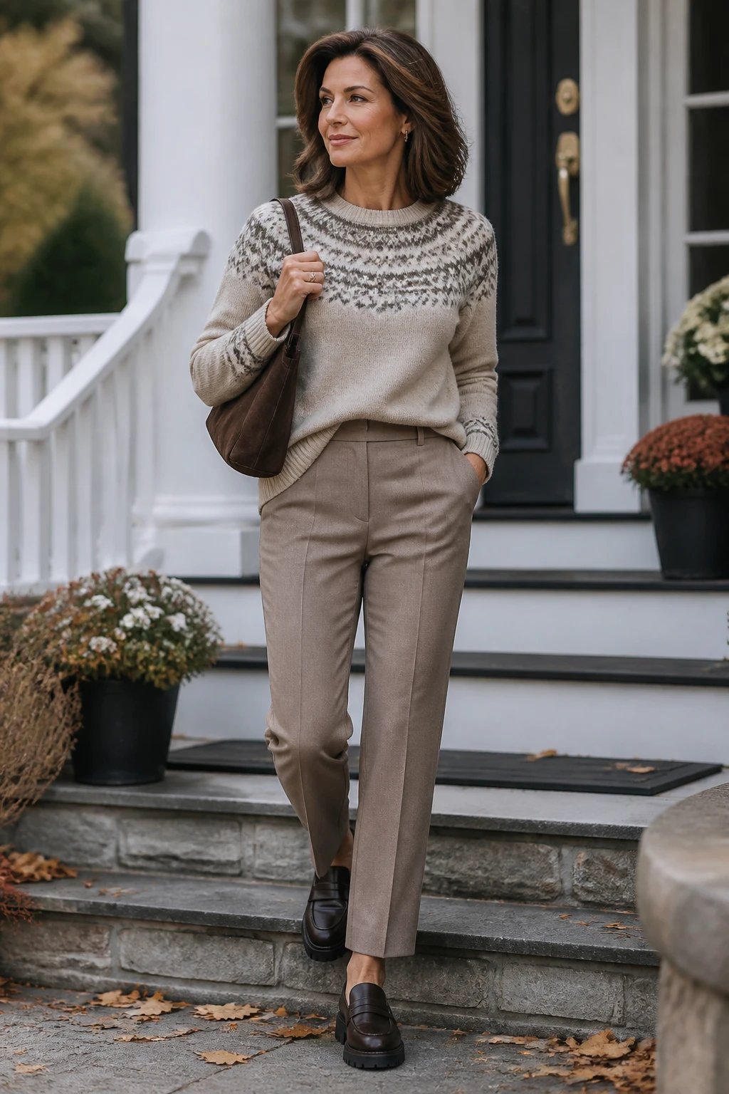 An elegant woman in her late 40s wears a tonal Fair Isle sweater tucked into pressed trousers with lug-sole loafers and soft gray nails.