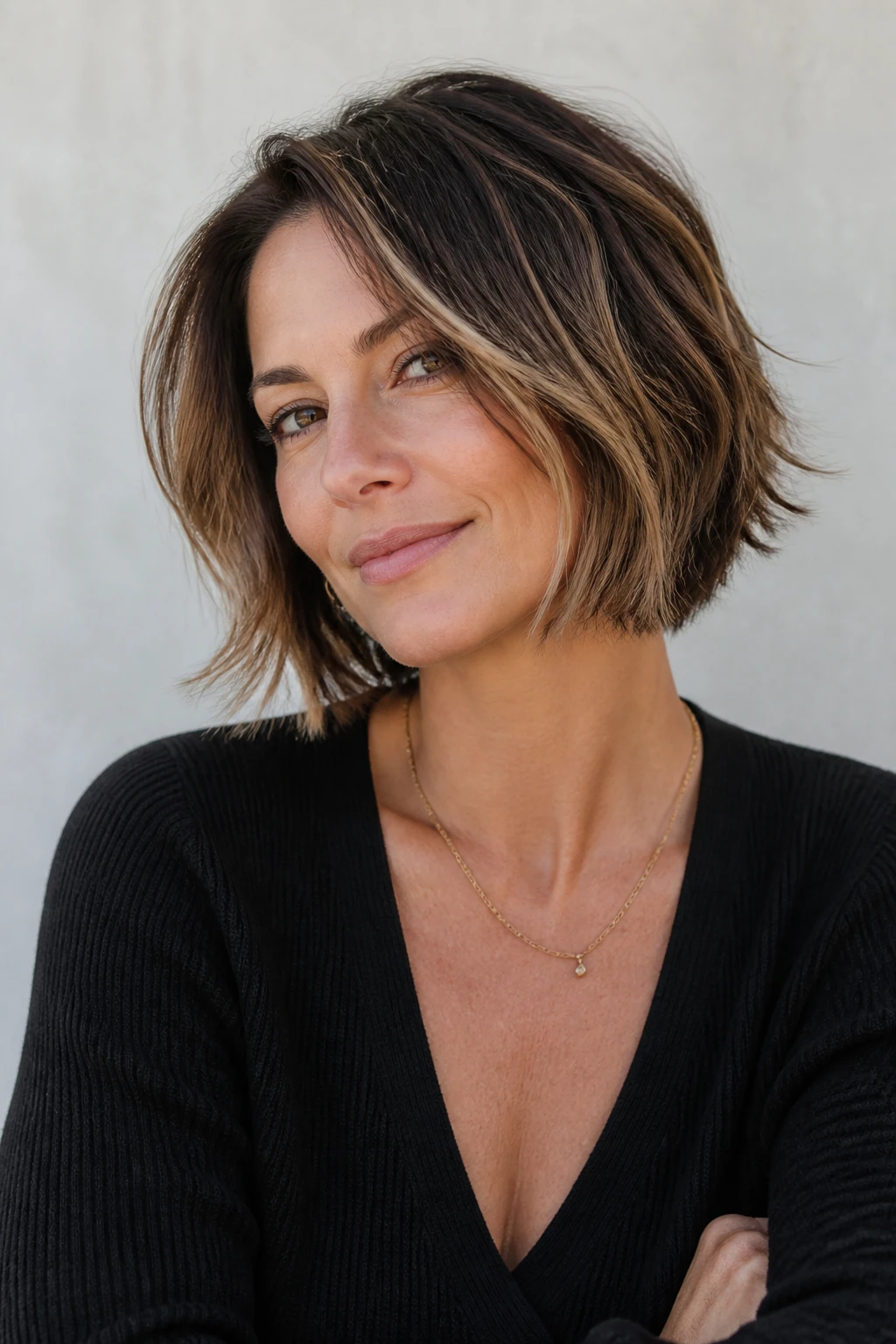 A chic mid-40s woman wears a neck-hugging bob with lived-in texture, subtle undercut, and natural-looking dimension.