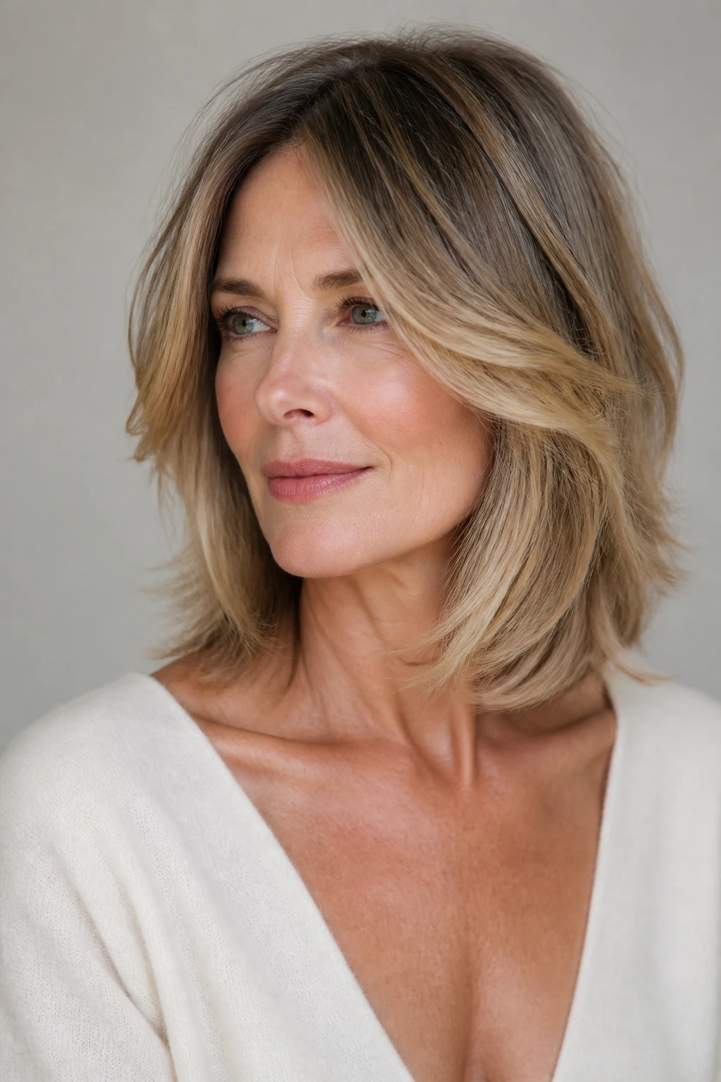 An elegant woman in her mid-50s wears a razor-soft collarbone cut with airy movement and gentle face-framing.