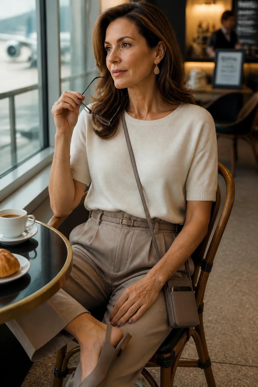 A refined 45-year-old woman wears a cream short-sleeve sweater, mushroom paperbag trousers with a slim belt, and closed-toe slingback flats at an airport cafe.