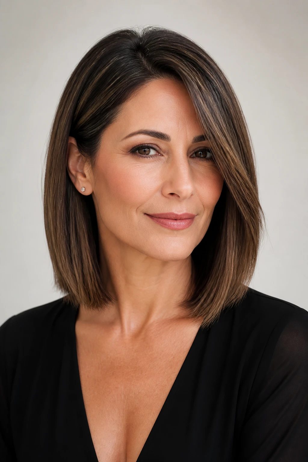 A shoulder-length cut with blunt ends for fine hair and subtle crown lift on a woman in her mid-40s.