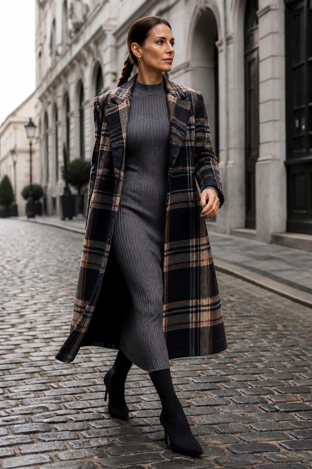 A chic woman in her mid-40s wears a ribbed knit column dress with a bold plaid statement coat and heeled sock boots on a cobblestone street.