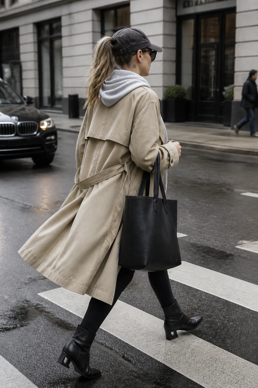 A stylish 45-year-old woman layers a hoodie under a trench with matte leggings and sleek ankle boots, plus a cap and oversized tote.