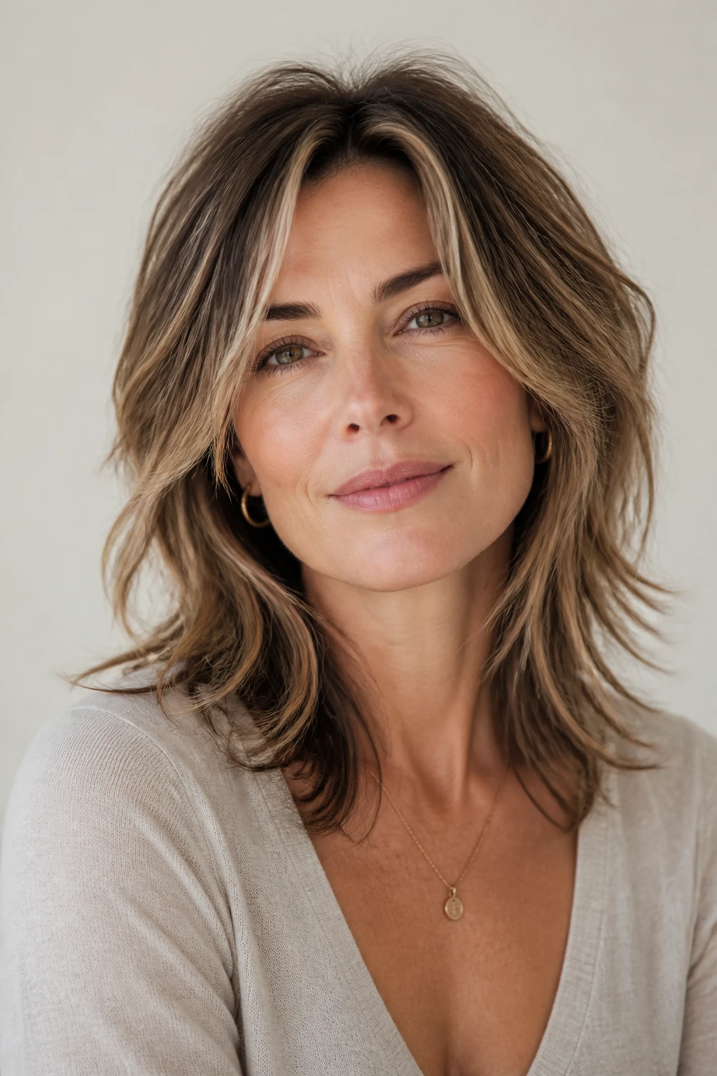 A 44-year-old woman with a soft wolf cut featuring long crown layers and floating, softened ends.