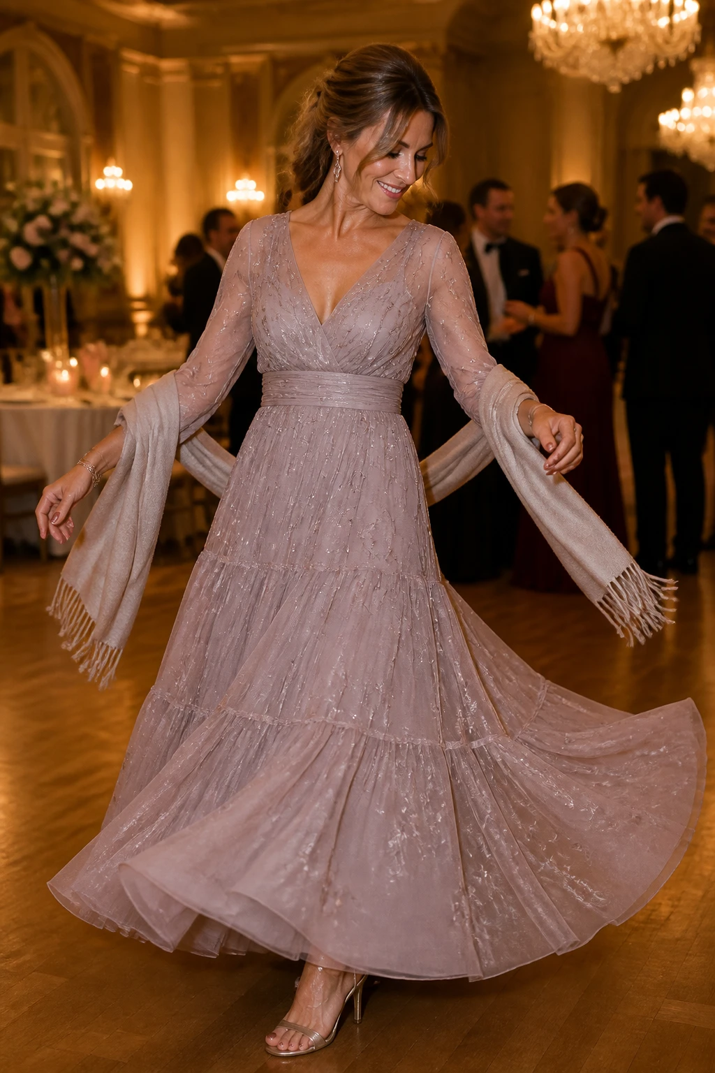 A graceful woman in her mid-40s wears a chiffon maxi with subtle sparkle, delicate jewelry, metallic sandals, and a cashmere wrap in a ballroom setting.
