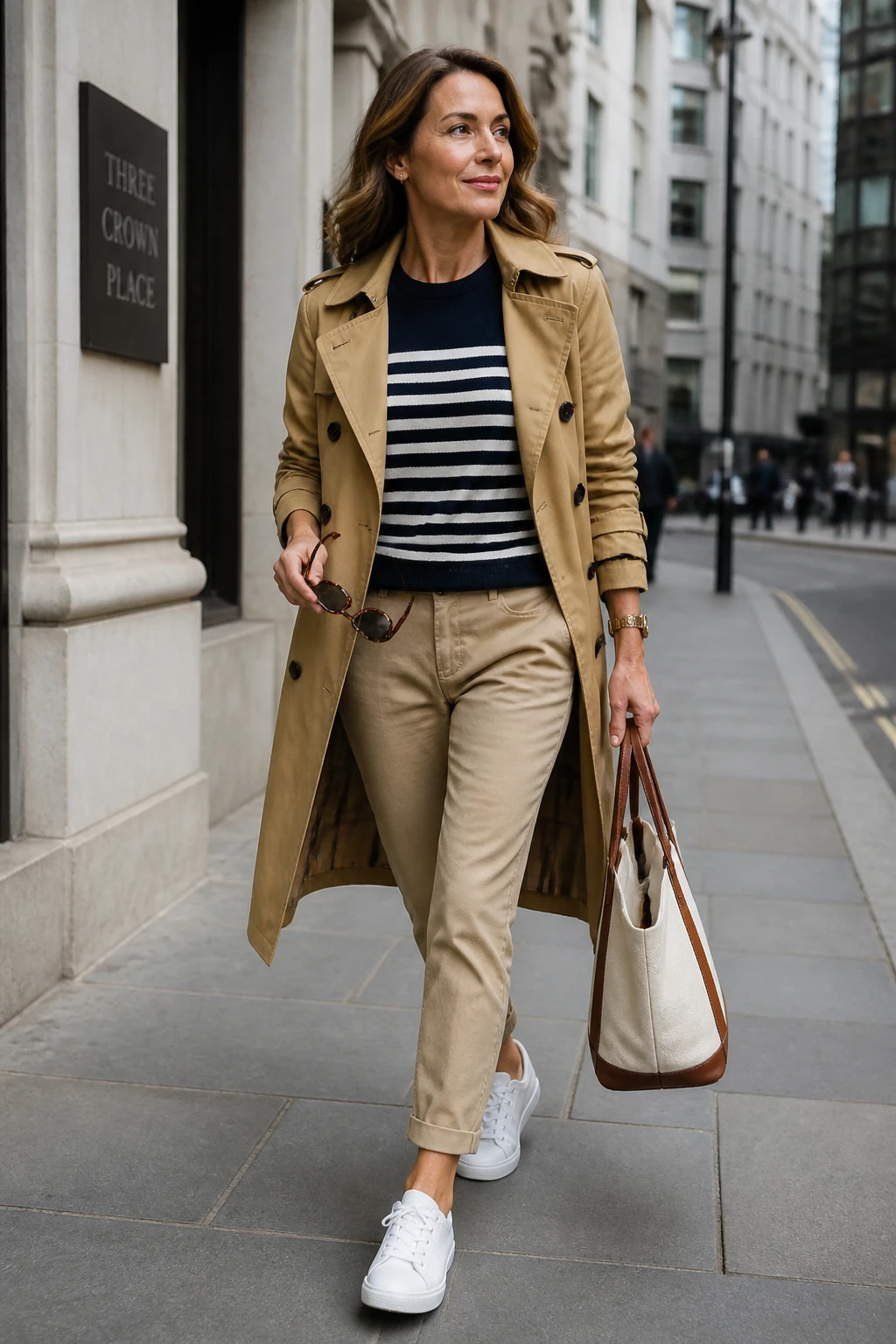 A confident 45-year-old woman wears khaki chinos with a navy Breton stripe knit and a camel trench, finished with white leather sneakers.