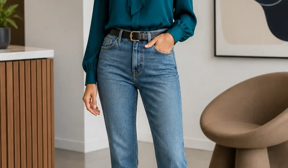 An elegant mid-40s woman pairs a jewel-tone statement blouse with mid-wash straight jeans, a refined belt, and sculptural heels for a creative office look.