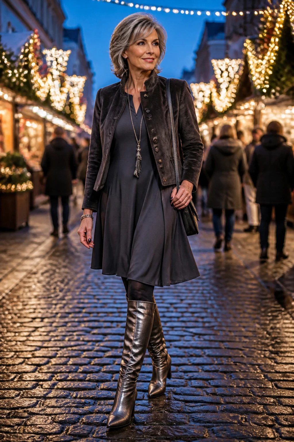A stylish woman in her late 50s wears a knee-length dress with opaque tights, knee-high metallic boots, and a short jacket for party-ready warmth.