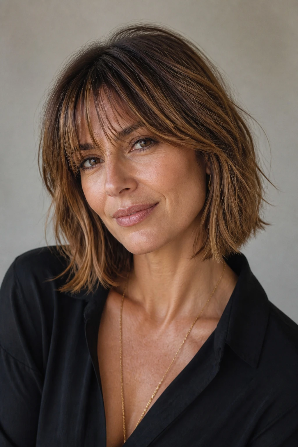A low-maintenance lob with airy, wispy bangs and soft honey ribbons on a chic woman in her mid-40s.