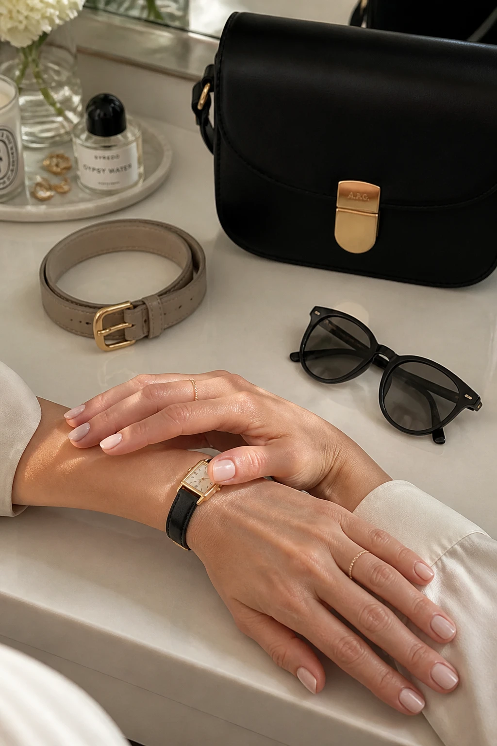 Polished accessories with a slim watch, structured crossbody, neutral belt, lifted-corner sunglasses, and short oval nails in sheer nude on a woman in her mid-30s.