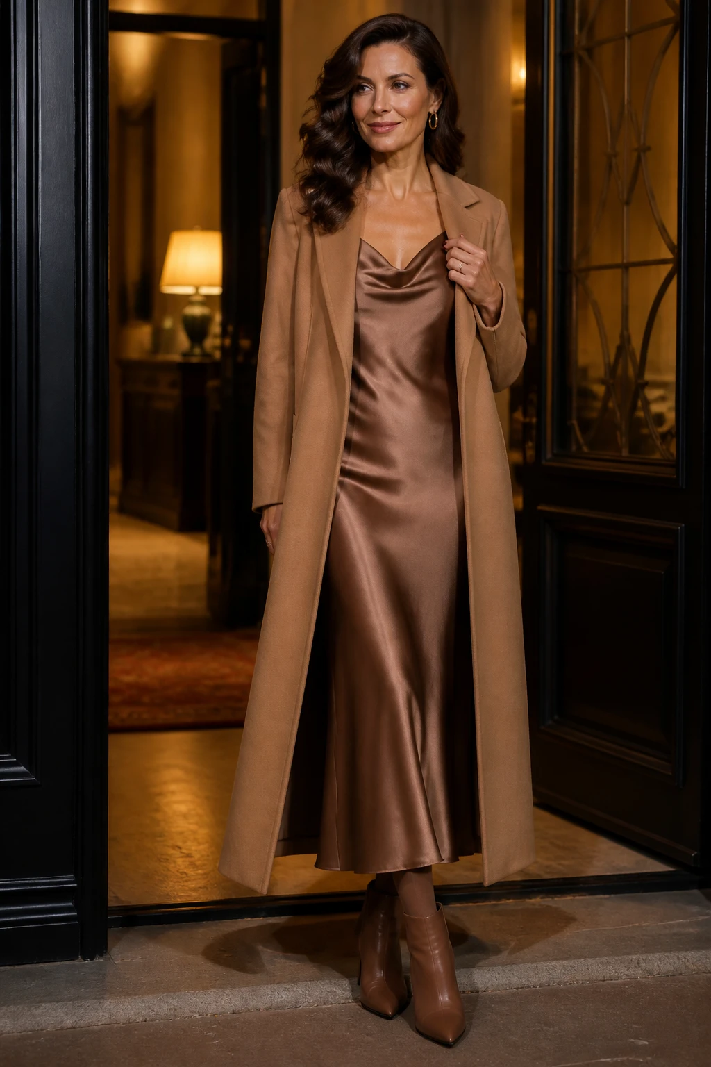 A refined mid-40s woman wears a bias-cut slip dress layered with an open camel longline cardigan coat and heeled ankle boots.