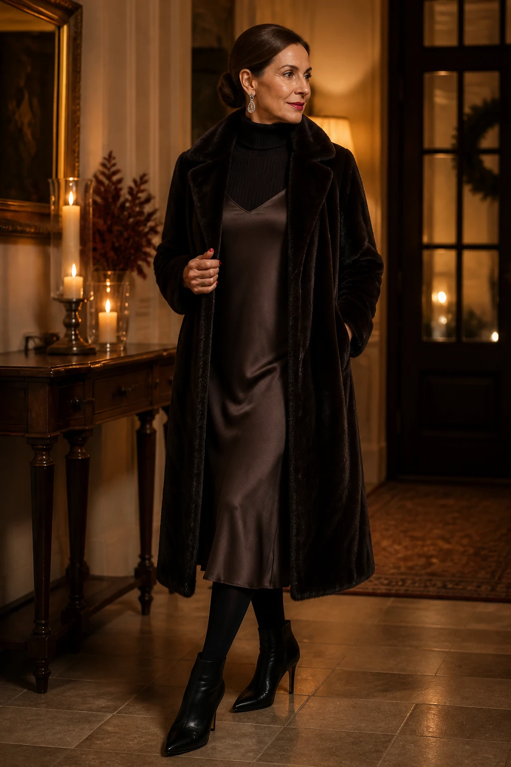 A sophisticated late-50s woman wears a satin slip dress over a ribbed turtleneck with thermal tights, heeled boots, and a plush faux-fur coat, crystal drops, and a raspberry lip.