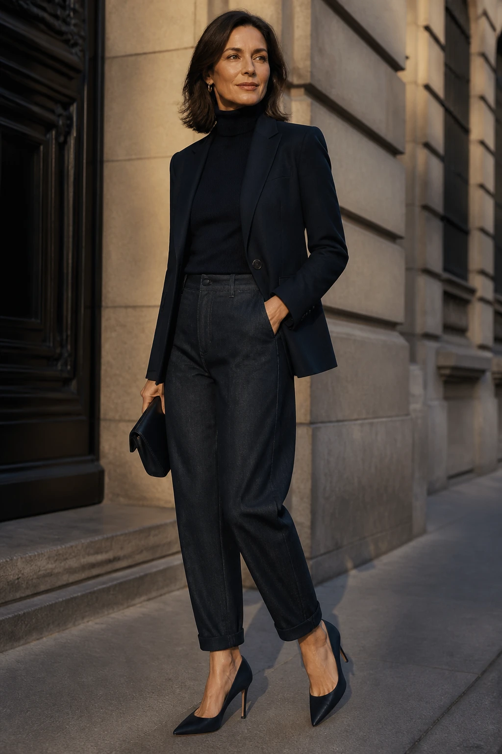 A sophisticated late-40s woman wears barrel jeans with a fine-gauge turtleneck, sharp single-breasted blazer, and pointed pumps in a tone-on-tone palette.