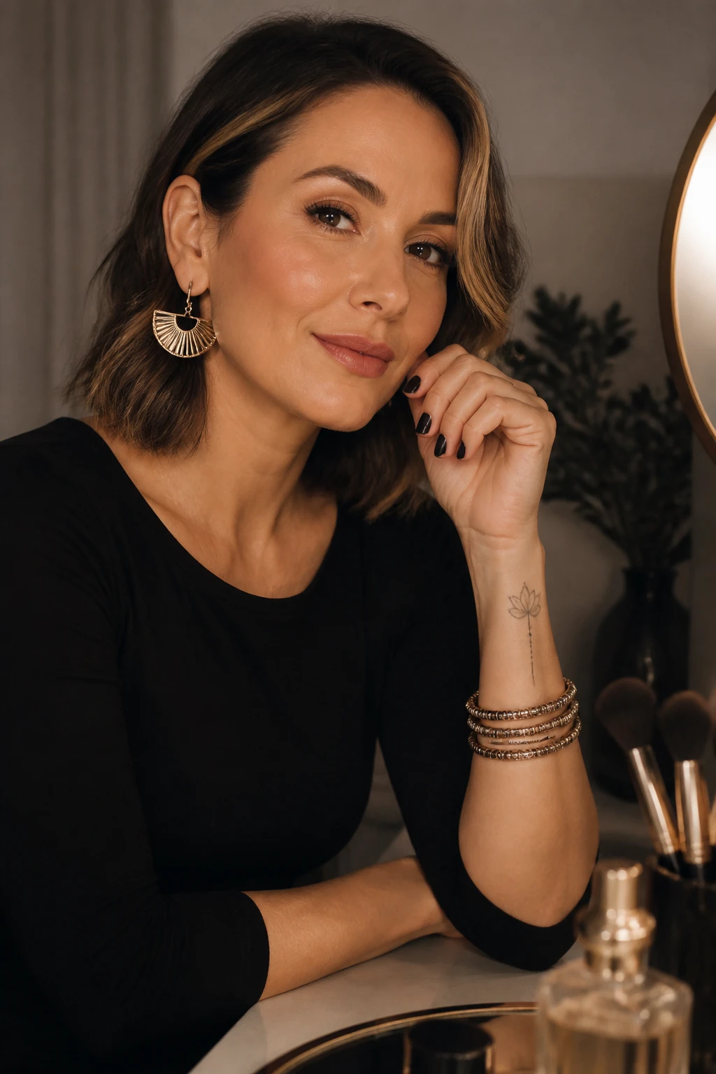 A mid-30s woman with a bent-wave bob, subtle money-piece highlights, matte short squoval nails, and a fine-line wrist tattoo styled with bracelets.