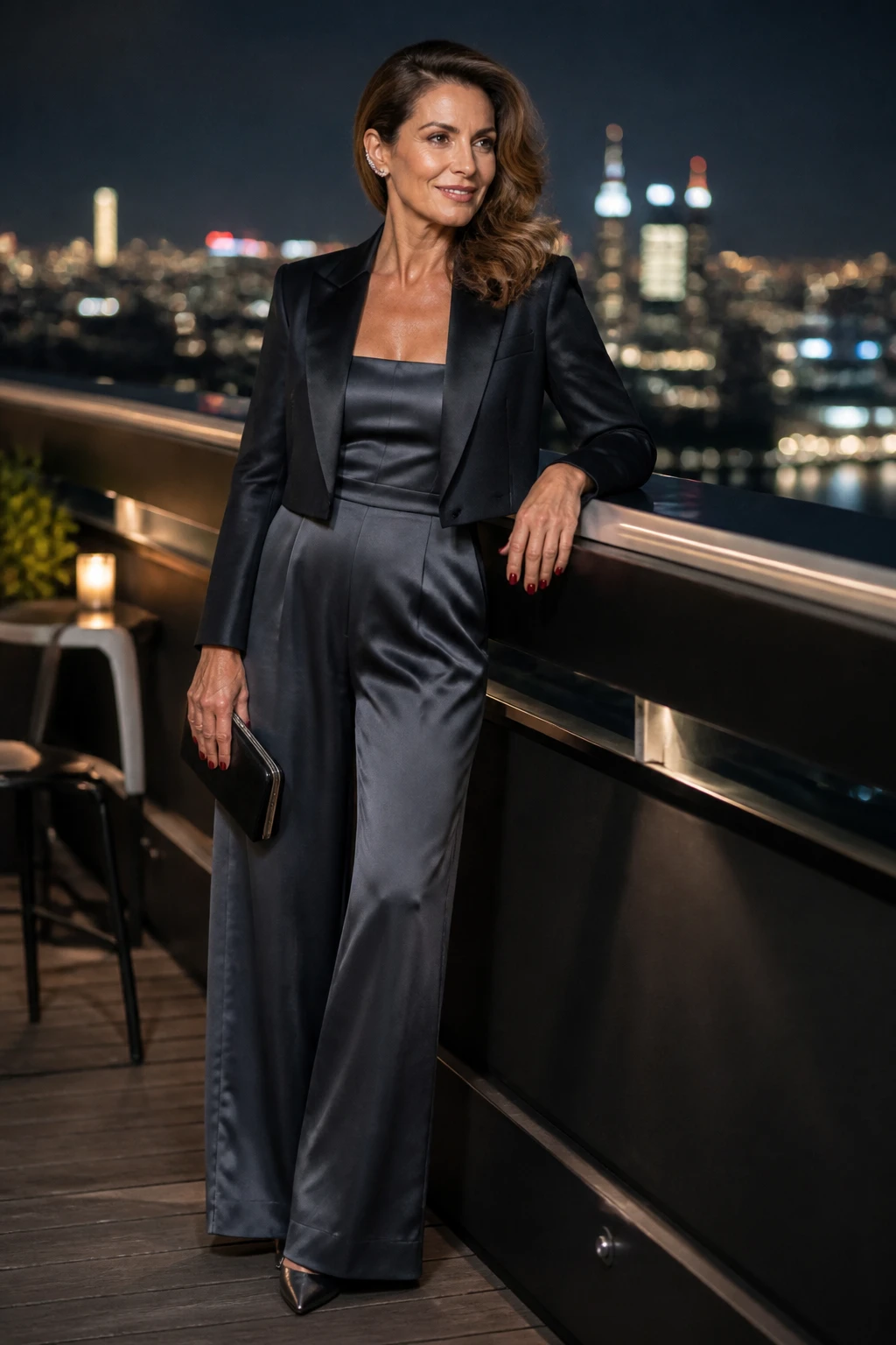 An elegant woman in her mid-50s wears a pewter satin palazzo-leg jumpsuit with a cropped jacket, pointed pumps, and a sleek clutch.