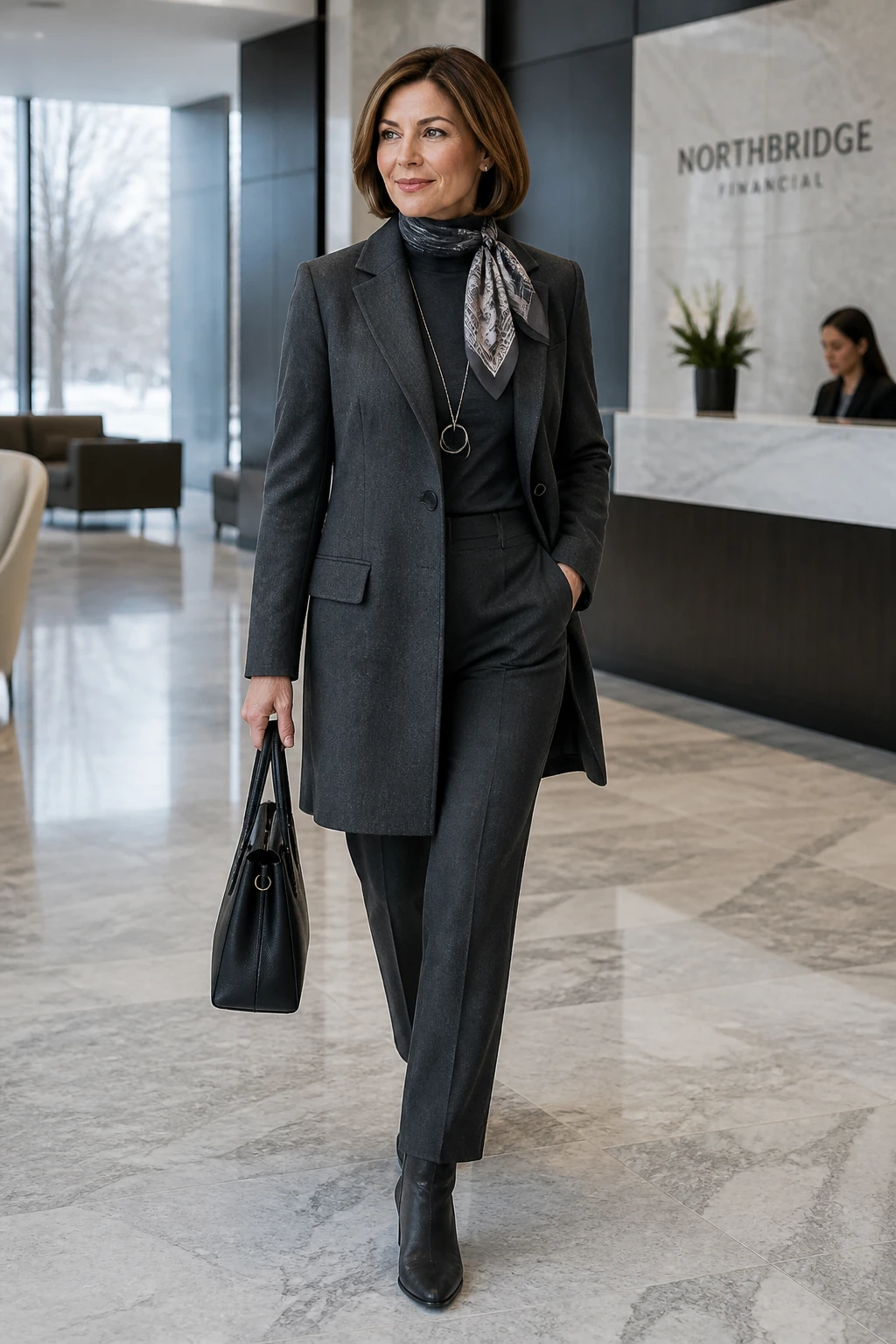 An elegant mid-50s woman wears a charcoal wool suit with a thin turtleneck, matching heeled booties, and a silk square, styled with a neat chin-length bob.