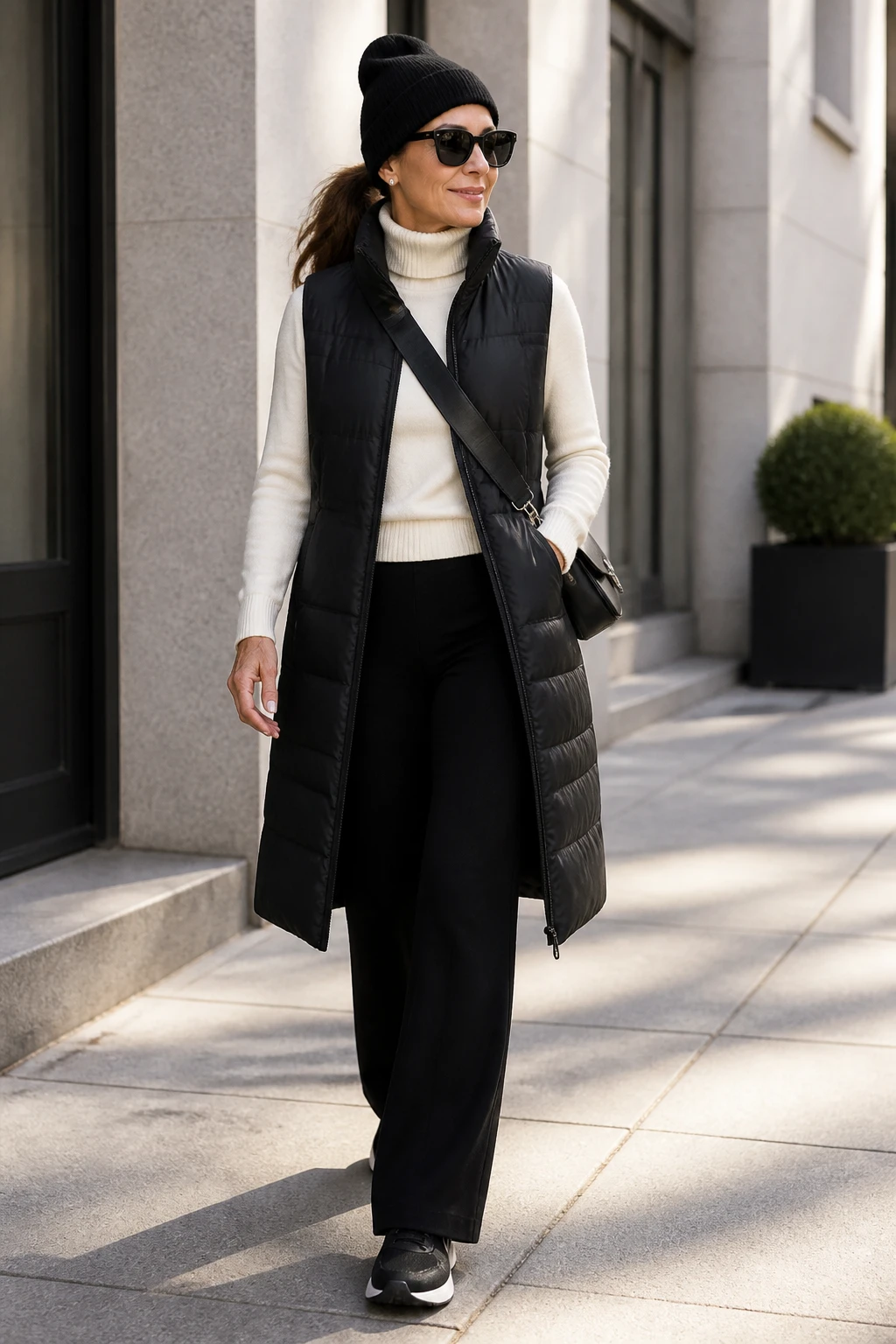 A stylish woman in her mid-50s wears black knit flares with a fine-gauge turtleneck and a longline padded vest, sleek trainers, beanie, and oversized sunglasses.